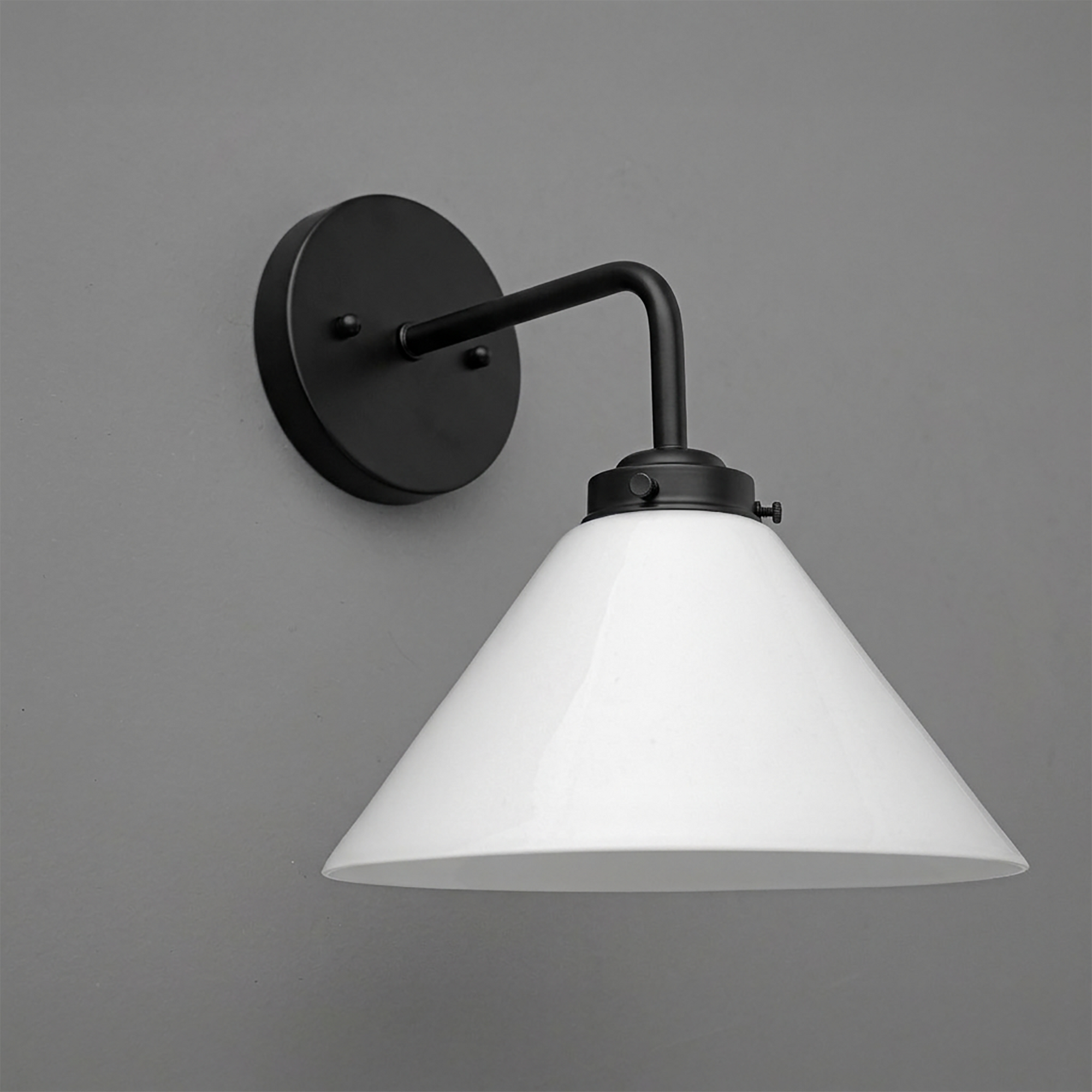 Matte black metal wall sconce with a conical white glass shade and a straight arm design. - SCONCE MODEL NO. 8751