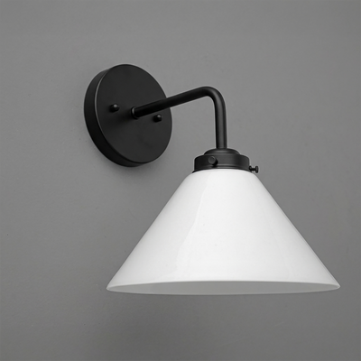 Matte black metal wall sconce with a conical white glass shade and a straight arm design. - SCONCE MODEL NO. 8751