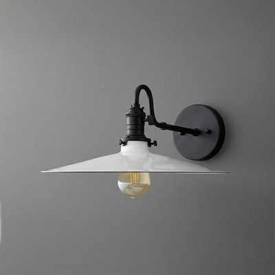 Black metal wall sconce with a wide conical white shade and exposed filament bulb. - SCONCE MODEL NO. 5562