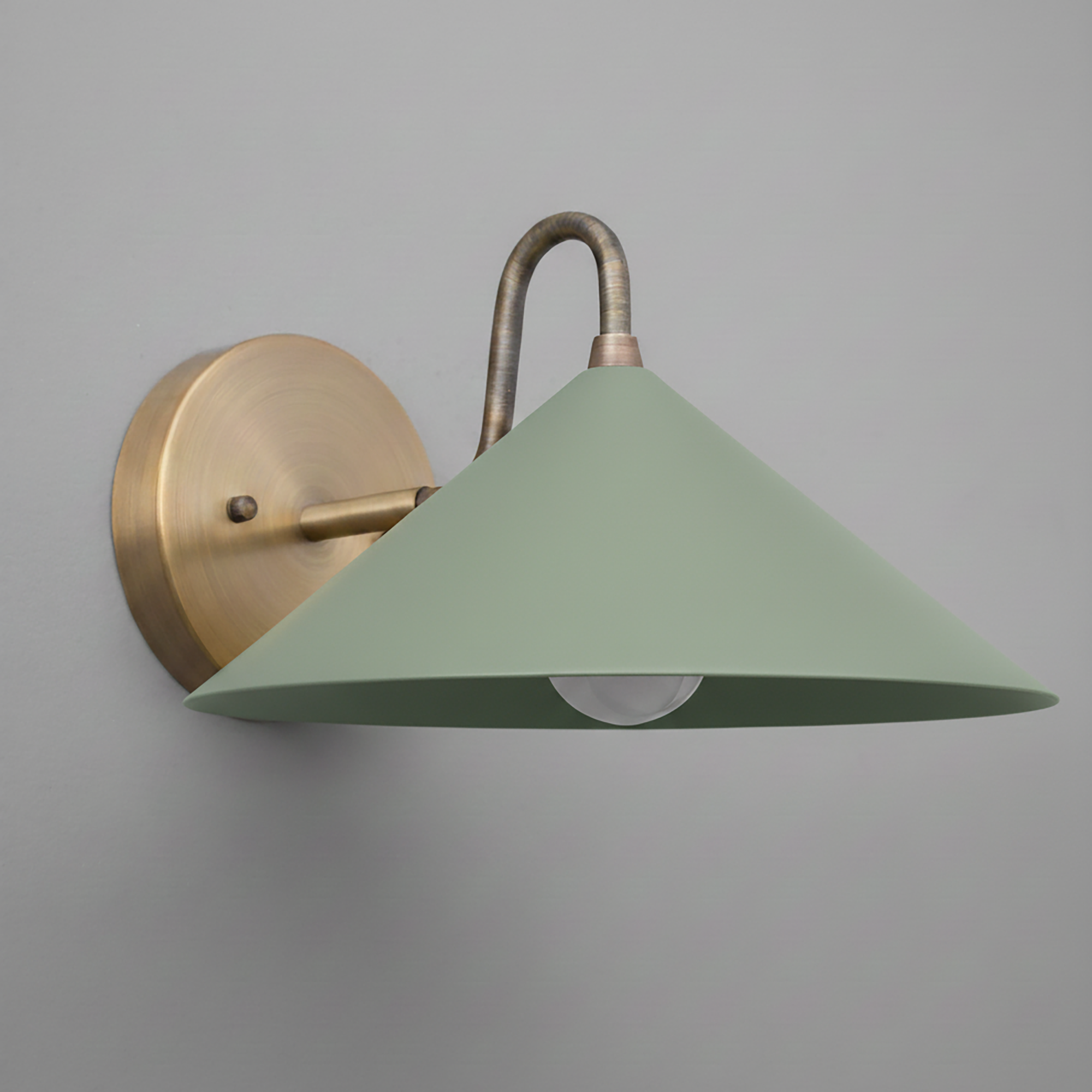 Matte green conical metal shade sconce with antique brass curved arm and round wall mount. - SCONCE MODEL NO. 6528