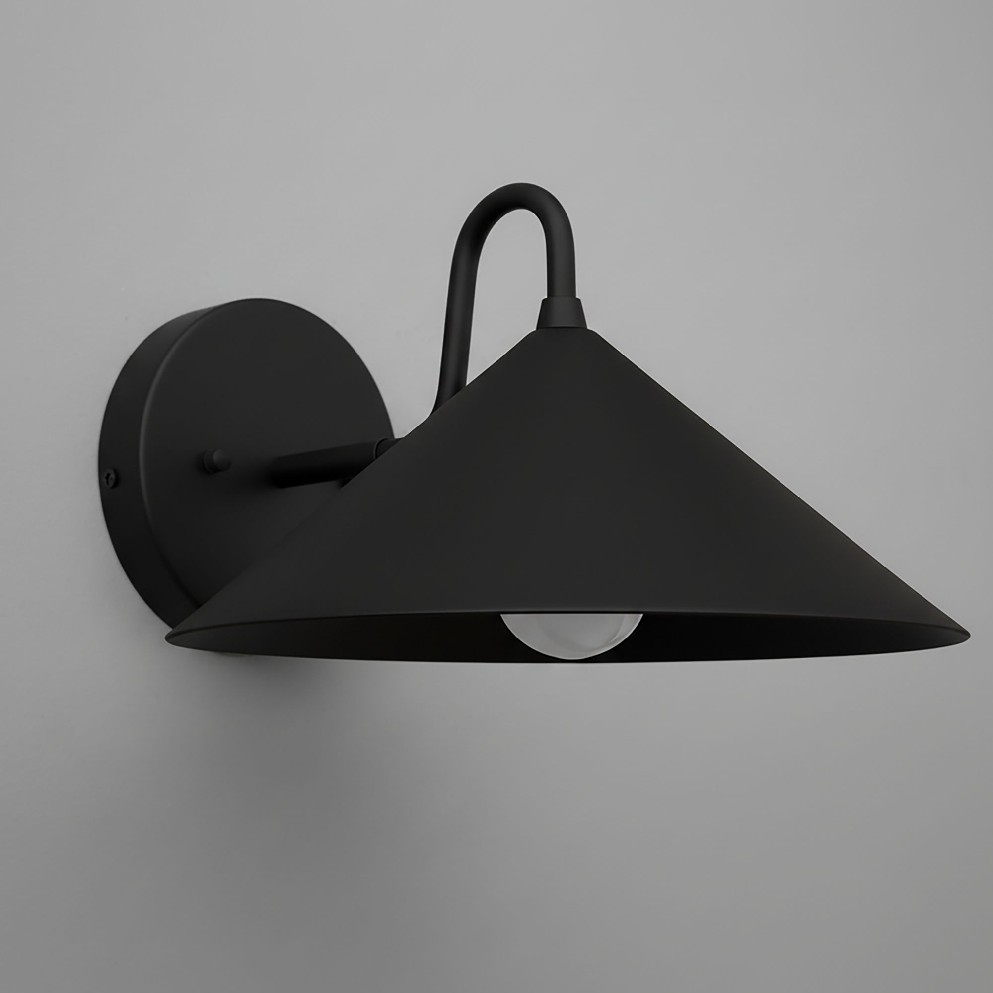 Matte black metal wall sconce with conical shade and exposed bulb design. - SCONCE MODEL NO. 6528