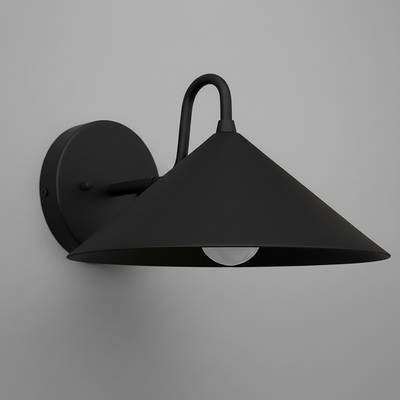 Matte black metal wall sconce with conical shade and exposed bulb design. - SCONCE MODEL NO. 6528