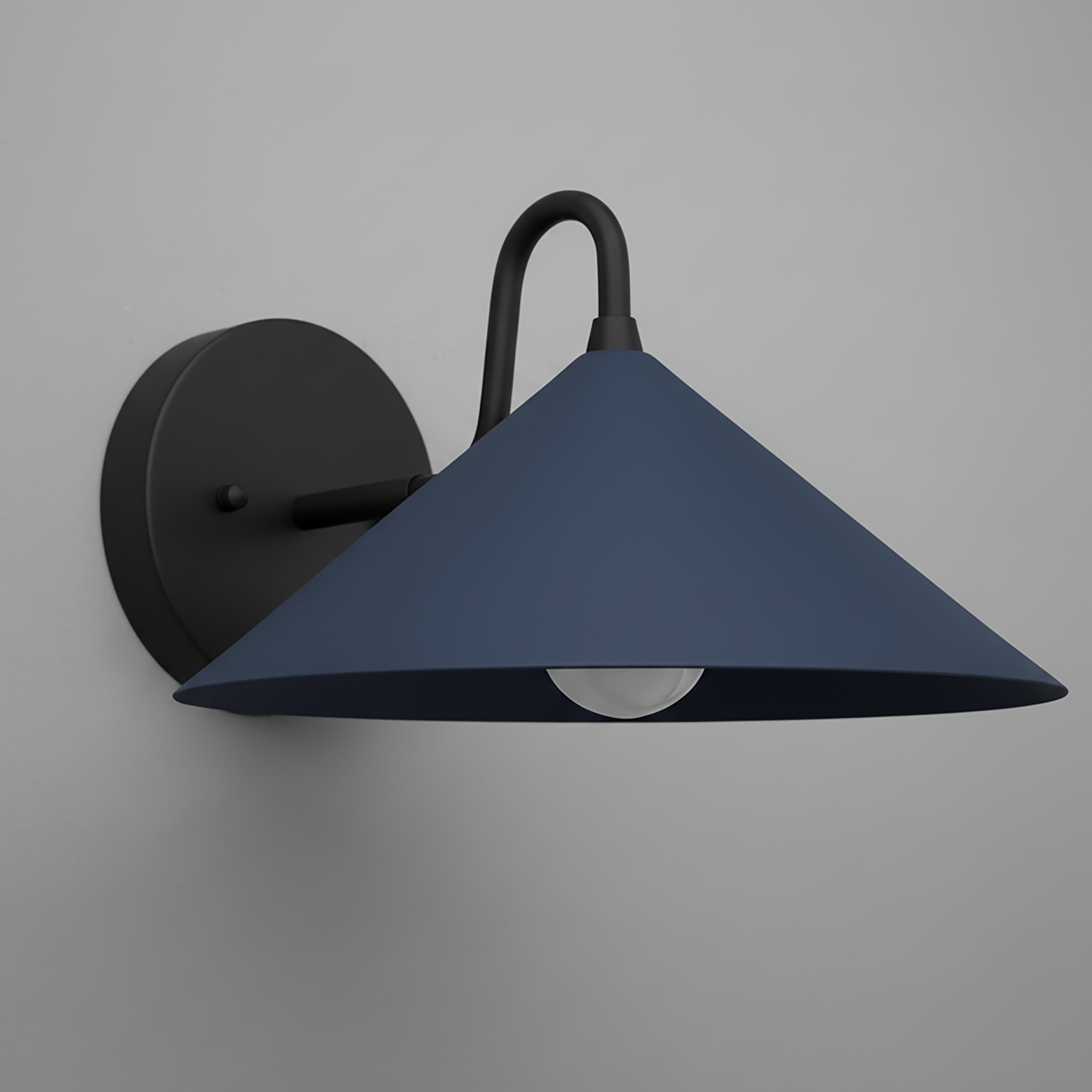 Matte black wall sconce with a wide coal blue conical metal shade and exposed bulb. - SCONCE MODEL NO. 6528