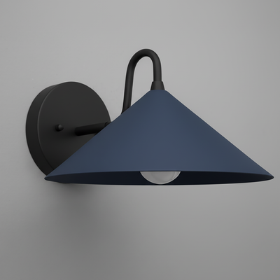Matte black wall sconce with a wide coal blue conical metal shade and exposed bulb. - SCONCE MODEL NO. 6528