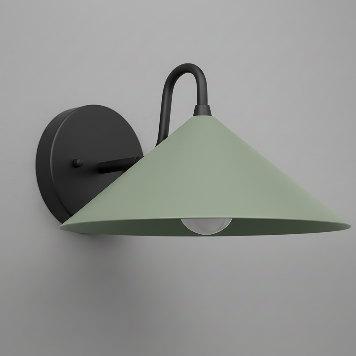 Wall sconce with matte black mounting and arm, featuring a wide sage green conical metal shade and visible bulb. - SCONCE MODEL NO. 6528