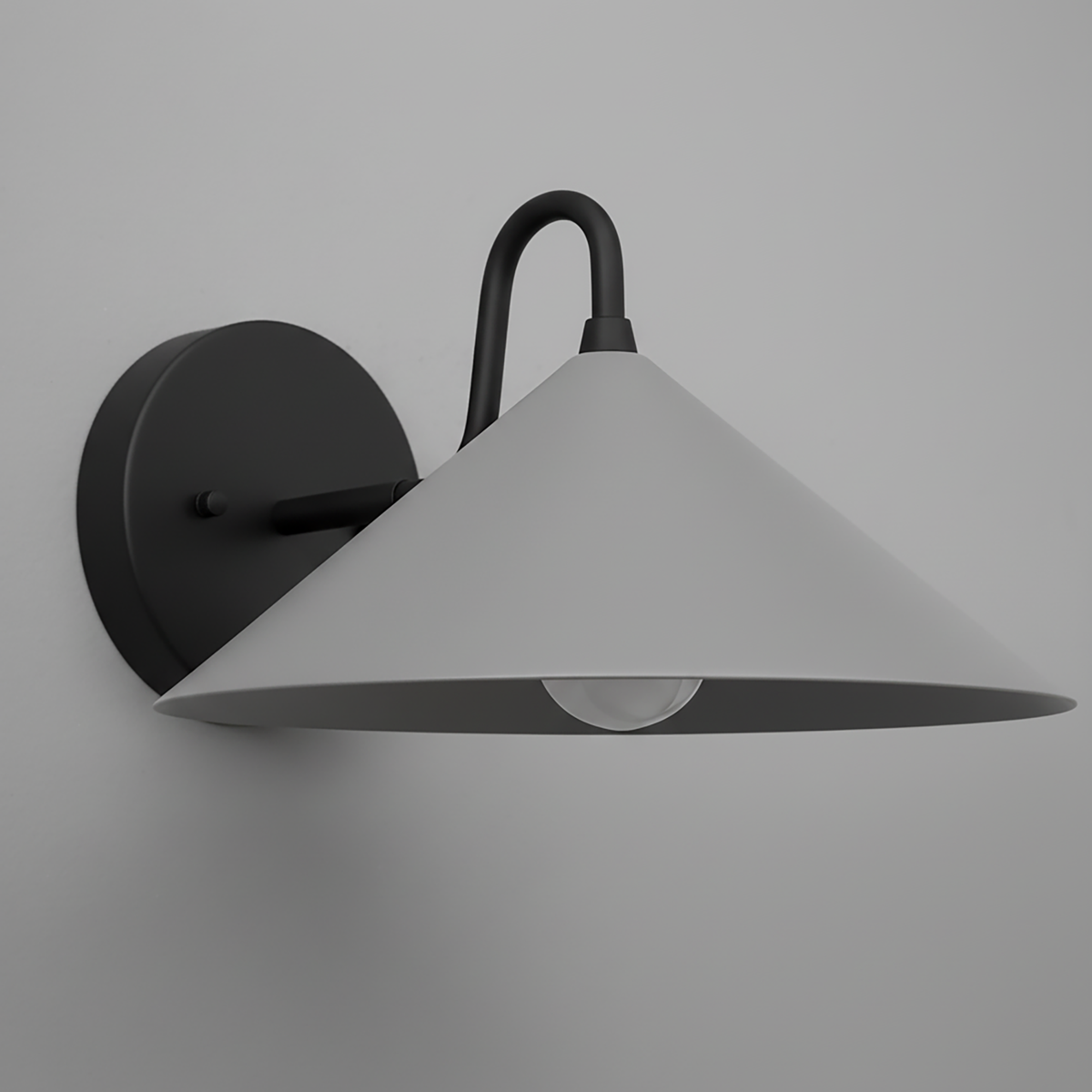 Wall sconce with matte black arm and round base, matte gray conical shade, exposed bulb design. - SCONCE MODEL NO. 6528