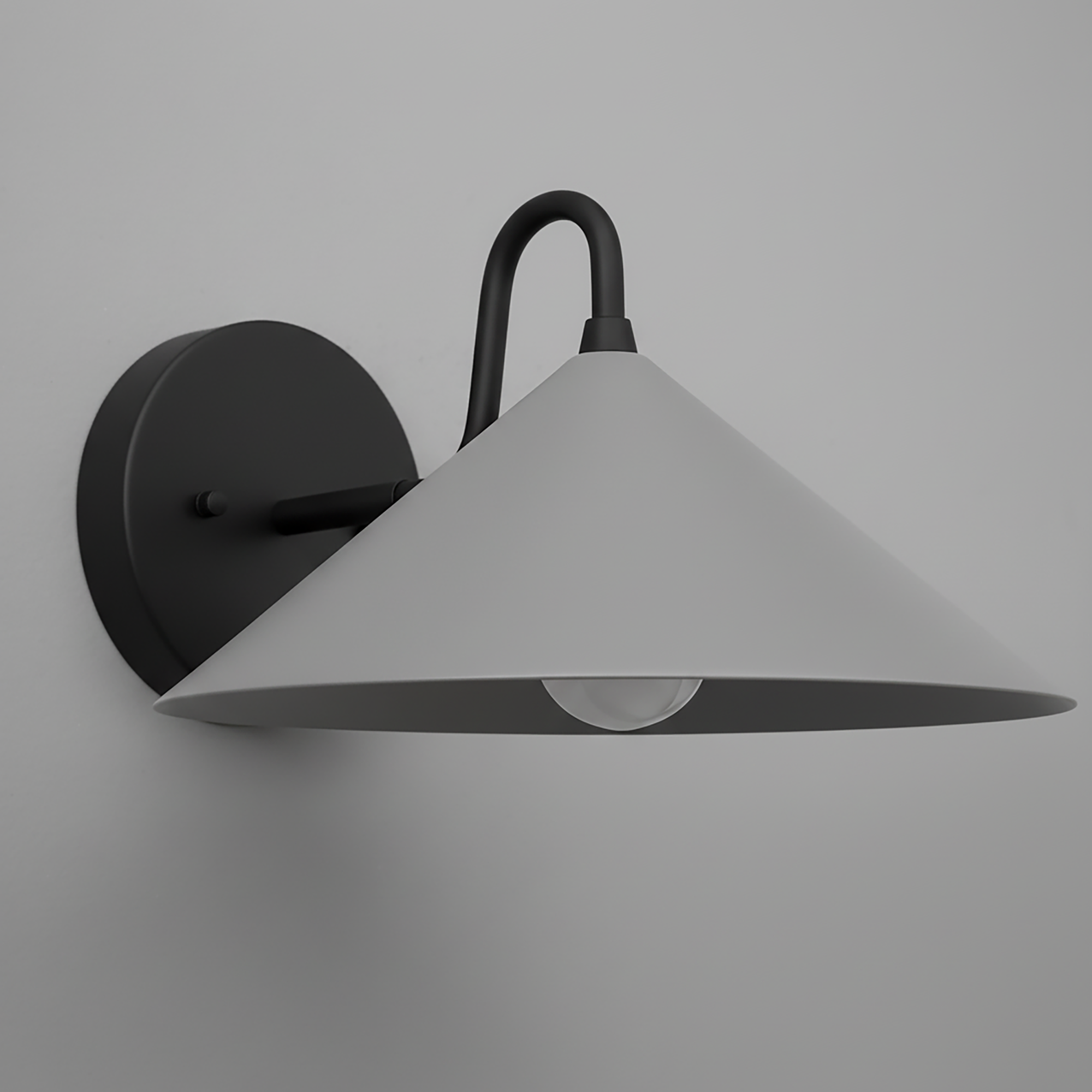 Wall sconce with matte black arm and round base, matte gray conical shade, exposed bulb design. - SCONCE MODEL NO. 6528
