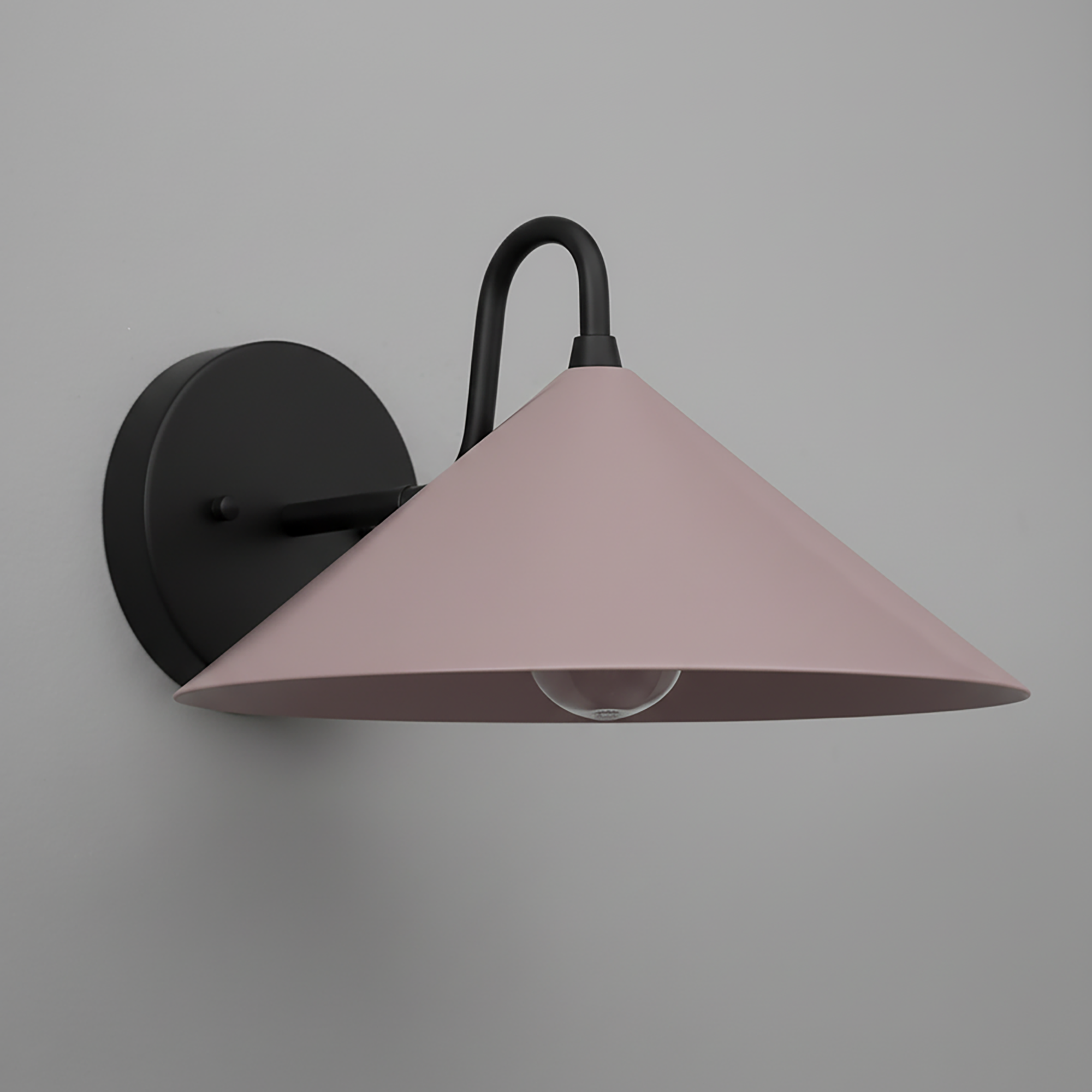 Wall sconce with matte black mount and curved arm, cone-shaped mauve shade, exposed bulb design. - SCONCE MODEL NO. 6528