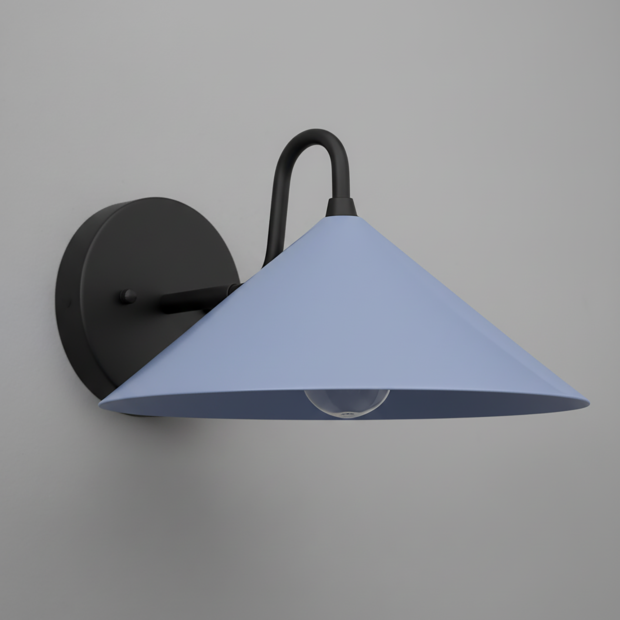 Matte black metal sconce with a wide, conical periwinkle blue shade and exposed bulb. - SCONCE MODEL NO. 6528