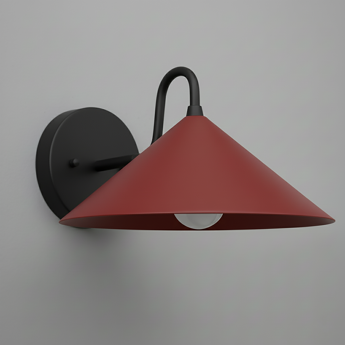 Wall-mounted sconce with a matte black finish and wide conical brick red shade over exposed bulb. - SCONCE MODEL NO. 6528