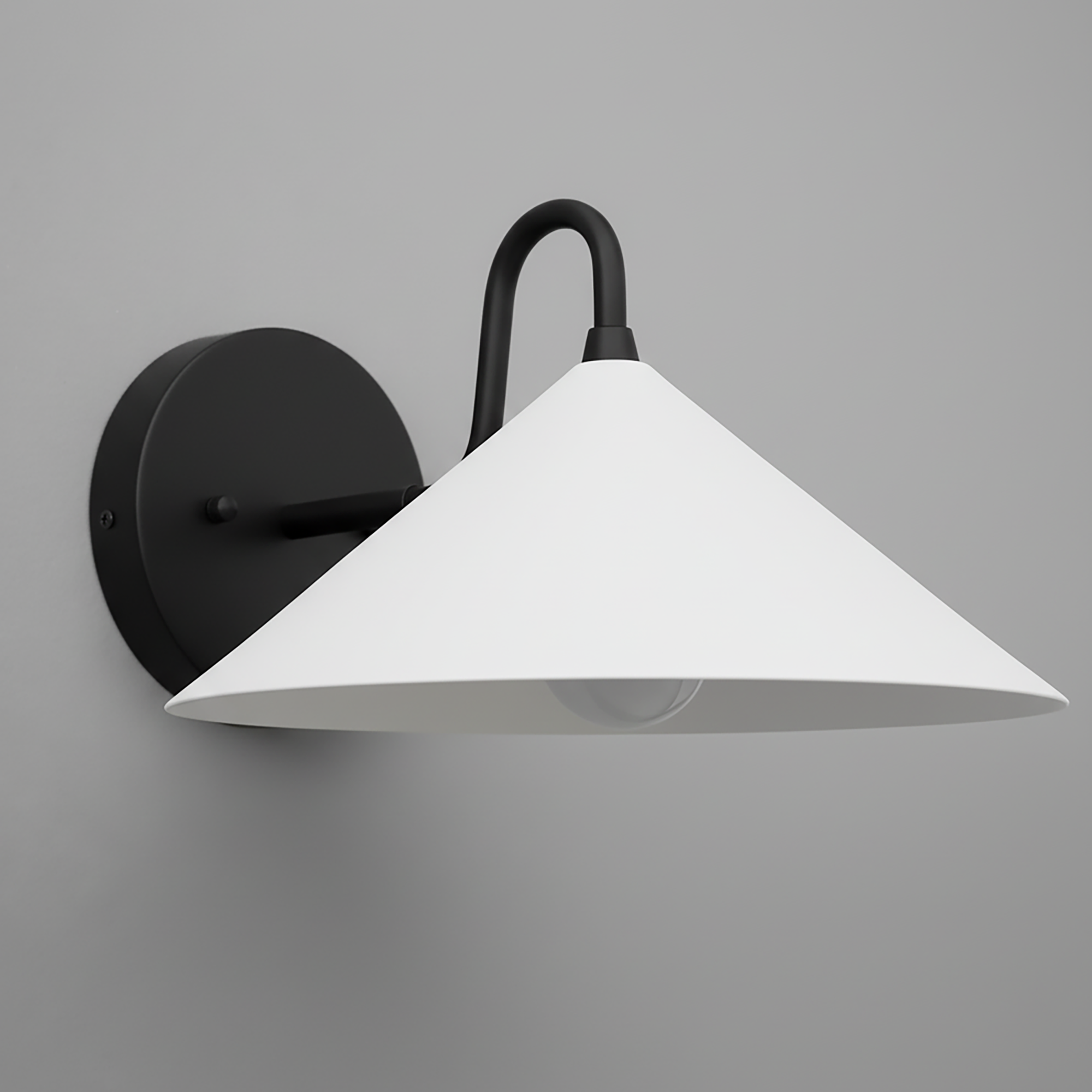 Black metal wall sconce with wide white conical shade and curved arm mount. - SCONCE MODEL NO. 6528