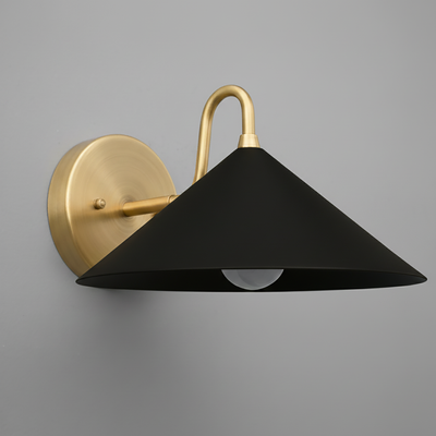 Antique brass wall sconce with wide black metal shade and exposed bulb mounting. - SCONCE MODEL NO. 6528