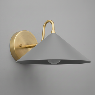 Antique brass wall sconce with wide gray metal shade and exposed bulb against light gray wall. - SCONCE MODEL NO. 6528