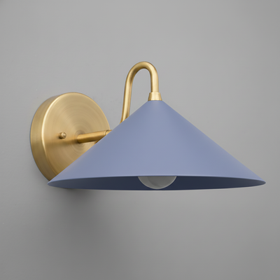 Wall sconce with matte periwinkle conical shade and antique brass mounting plate and arm. - SCONCE MODEL NO. 6528
