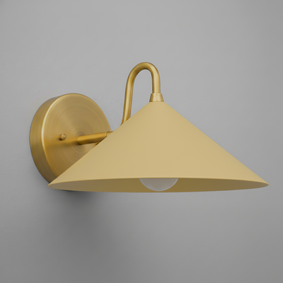 Wall sconce with matte yellow conical metal shade and brass curved arm on round brass base. - SCONCE MODEL NO. 6528