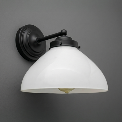 Black metal wall sconce with a matte finish and a white glass dome shade. - SCONCE MODEL NO. 9835
