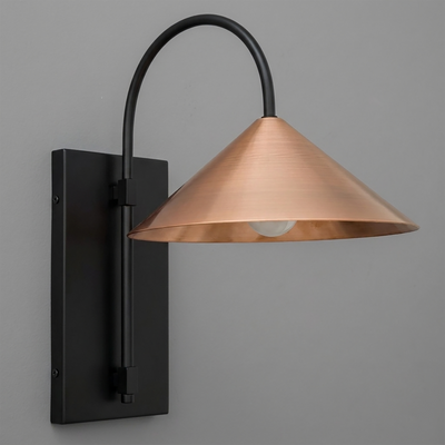 Wall-mounted sconce with a black rectangular base, curved black arm, and wide copper cone shade. - SCONCE MODEL NO. 2096