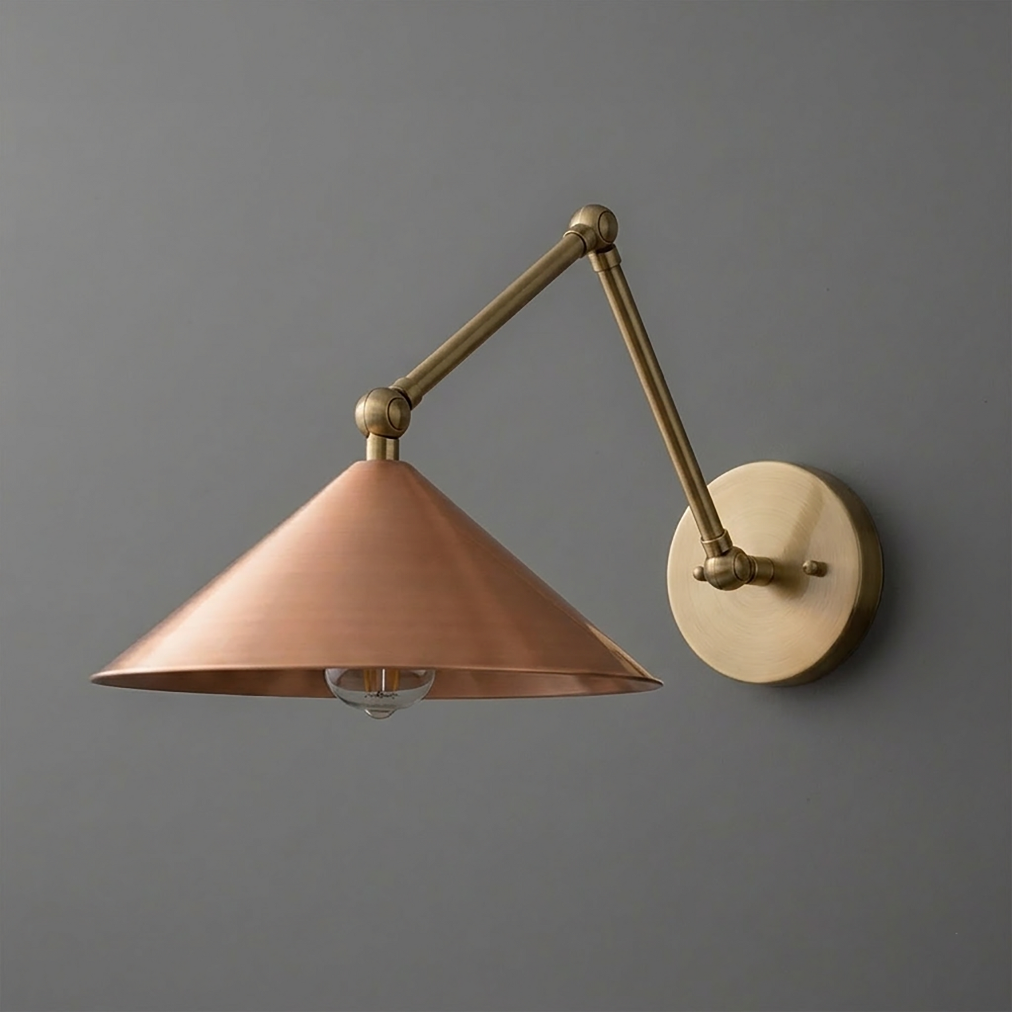 Wall-mounted sconce with adjustable brass arm and wide copper cone-shaped shade, two-bulb design. - SCONCE MODEL NO. 6414