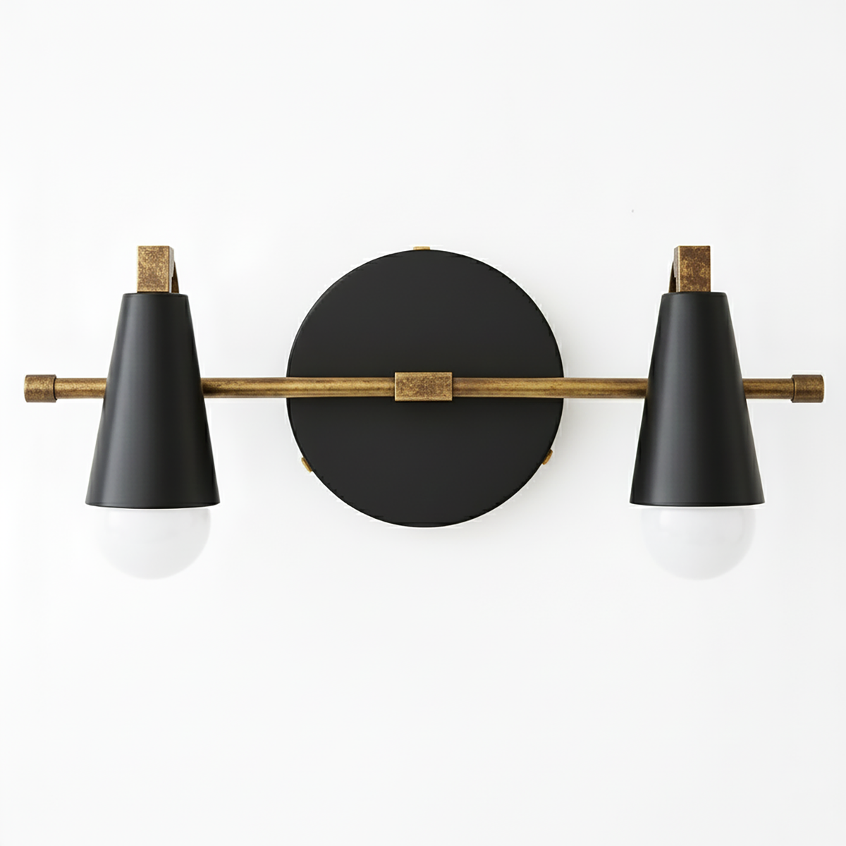 Industrial-style vanity light with two black metal cone shades and exposed bulbs on a brushed brass horizontal bar. - VANITY LIGHT MODEL NO. 1229