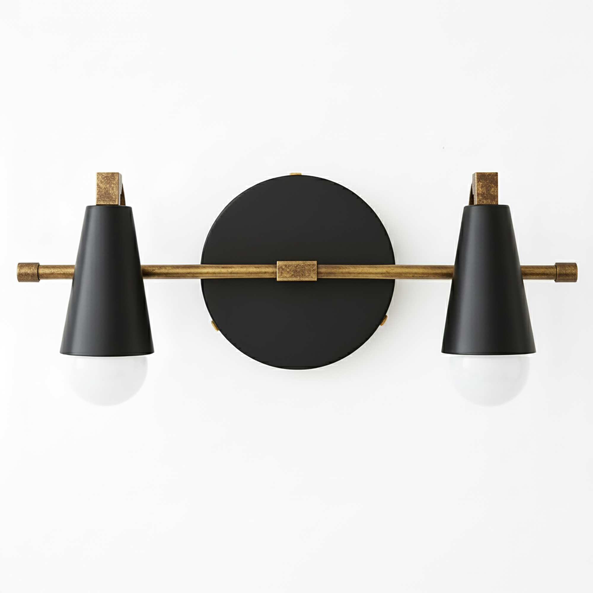 Industrial-style vanity light with two black metal cone shades and exposed bulbs on a brushed brass horizontal bar. - VANITY LIGHT MODEL NO. 1229