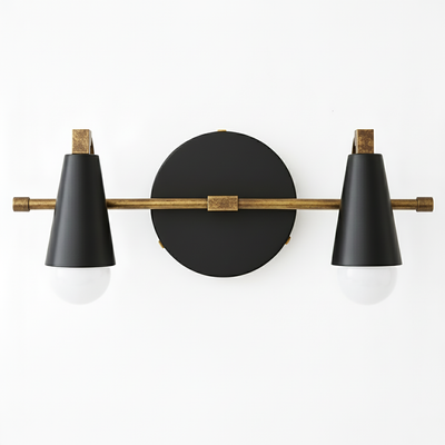 Industrial-style vanity light with two black metal cone shades and exposed bulbs on a brushed brass horizontal bar. - VANITY LIGHT MODEL NO. 1229