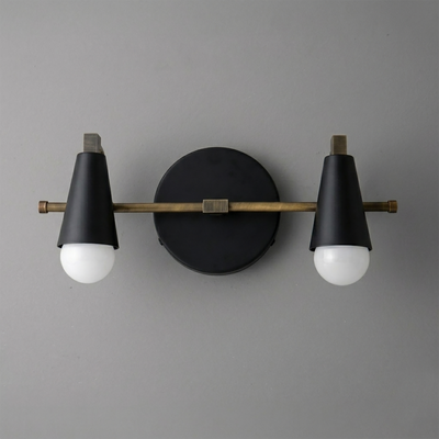 Scandinavian-style 2-bulb vanity light with matte black conical shades and brass horizontal rod. - VANITY LIGHT MODEL NO. 1229