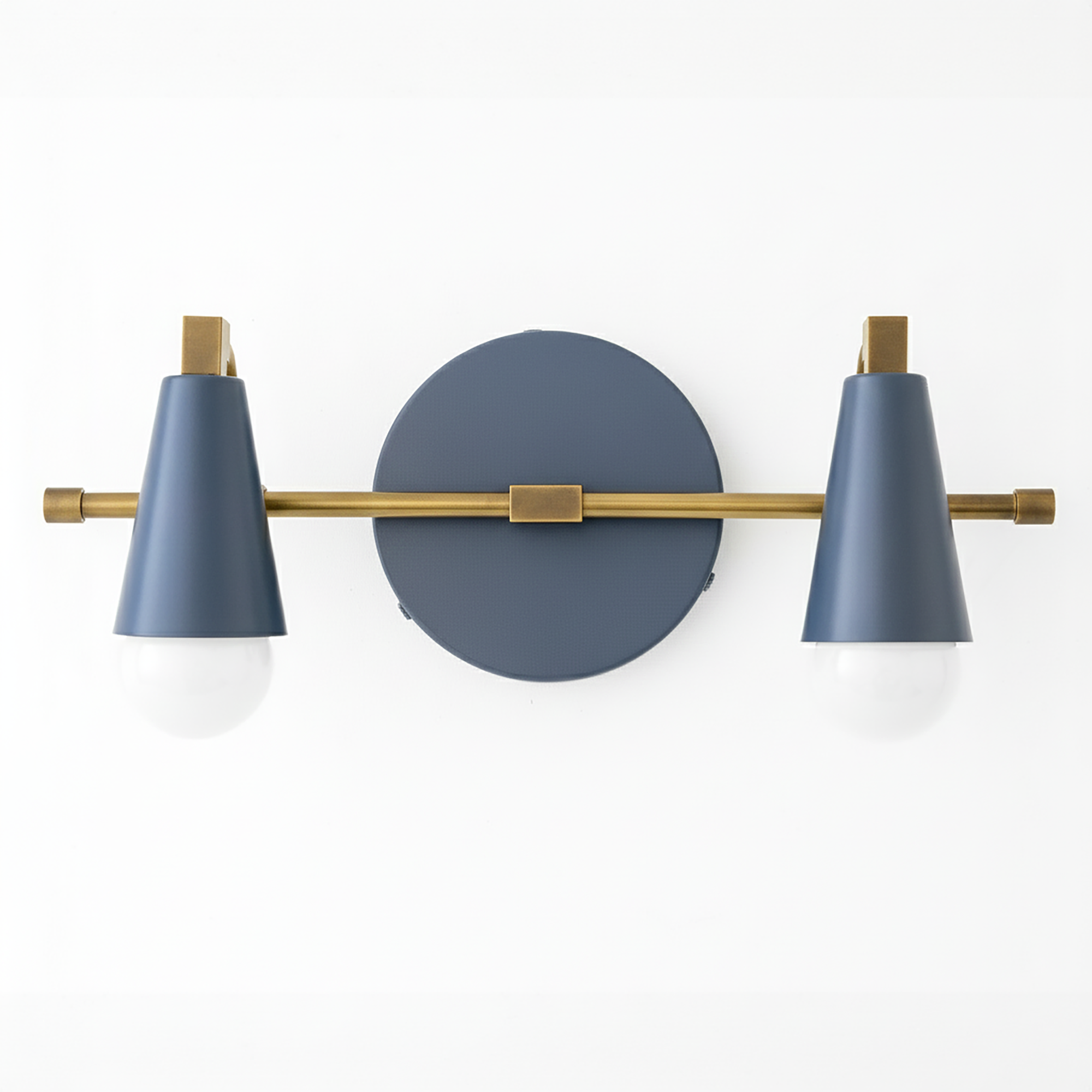 Industrial-style two-bulb vanity light with matte blue conical shades and brushed brass accents. - VANITY LIGHT MODEL NO. 1229