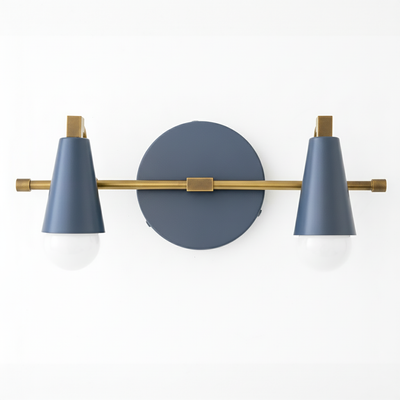 Industrial-style two-bulb vanity light with matte blue conical shades and brushed brass accents. - VANITY LIGHT MODEL NO. 1229