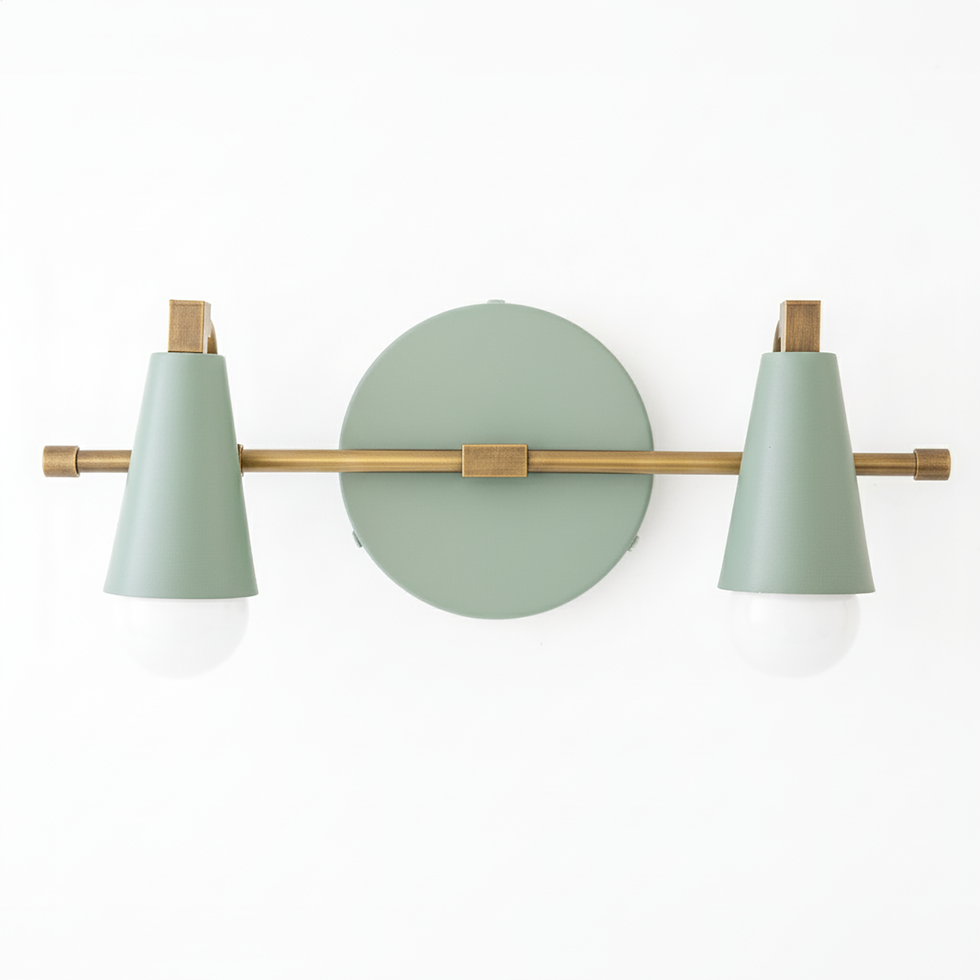Matte sage green and brass two-bulb vanity light with cone-shaped shades and round wall mount. - VANITY LIGHT MODEL NO. 1229