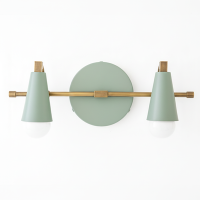Matte sage green and brass two-bulb vanity light with cone-shaped shades and round wall mount. - VANITY LIGHT MODEL NO. 1229