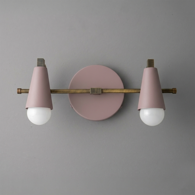 Scandinavian-style 2-bulb vanity light with matte pink cone shades and aged brass horizontal bar mount. - VANITY LIGHT MODEL NO. 1229