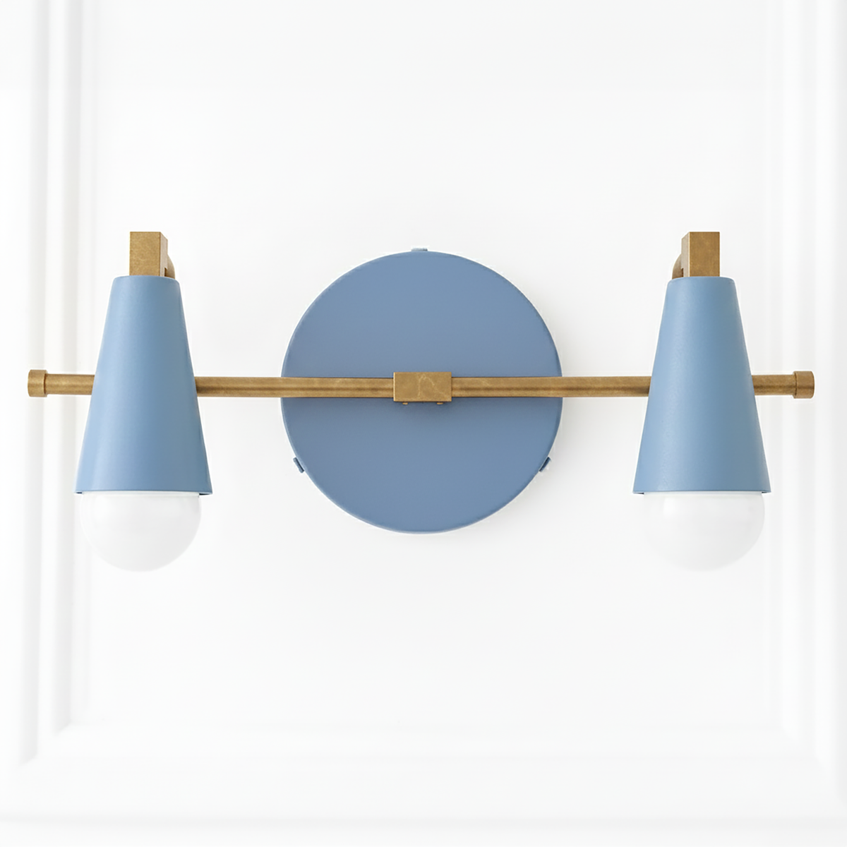 Two-bulb vanity light with matte blue conical shades and brass horizontal bar mount. - VANITY LIGHT MODEL NO. 1229
