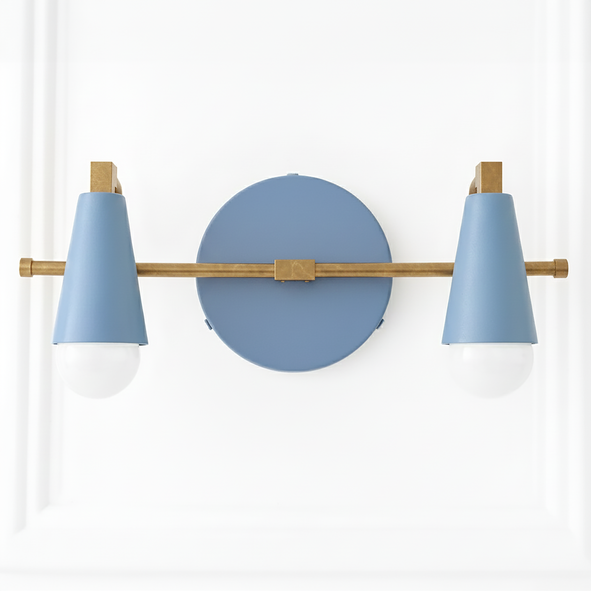 Two-bulb vanity light with matte blue conical shades and brass horizontal bar mount. - VANITY LIGHT MODEL NO. 1229