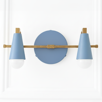 Two-bulb vanity light with matte blue conical shades and brass horizontal bar mount. - VANITY LIGHT MODEL NO. 1229
