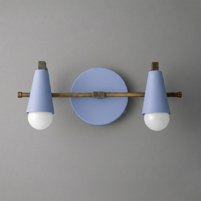 Scandinavian style vanity light with two cone-shaped pastel blue shades and exposed bulbs on a bronze horizontal bar. - VANITY LIGHT MODEL NO. 1229