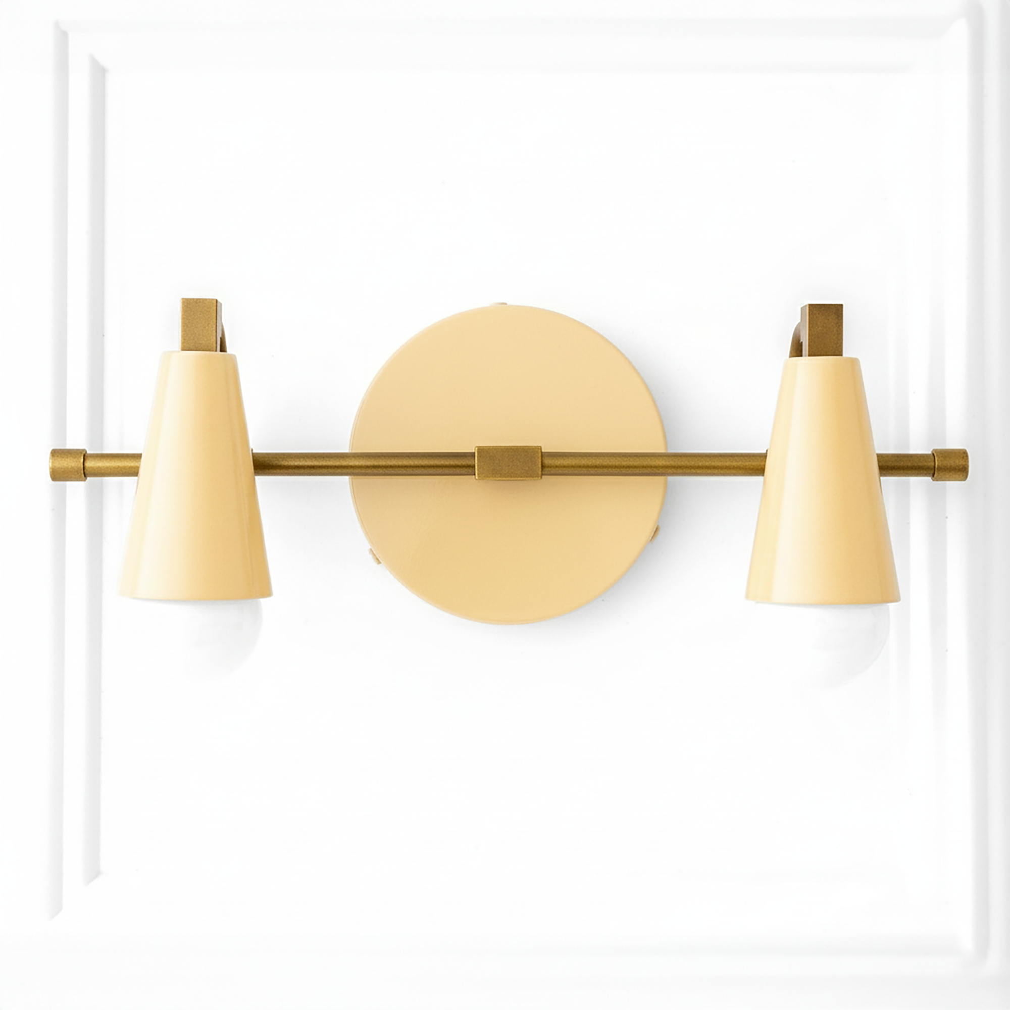Industrial-style 2-bulb vanity light with matte gold metal frame and cream tapered shades. - VANITY LIGHT MODEL NO. 1229