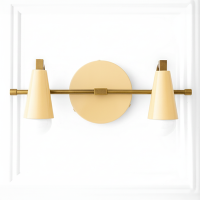 Industrial-style 2-bulb vanity light with matte gold metal frame and cream tapered shades. - VANITY LIGHT MODEL NO. 1229