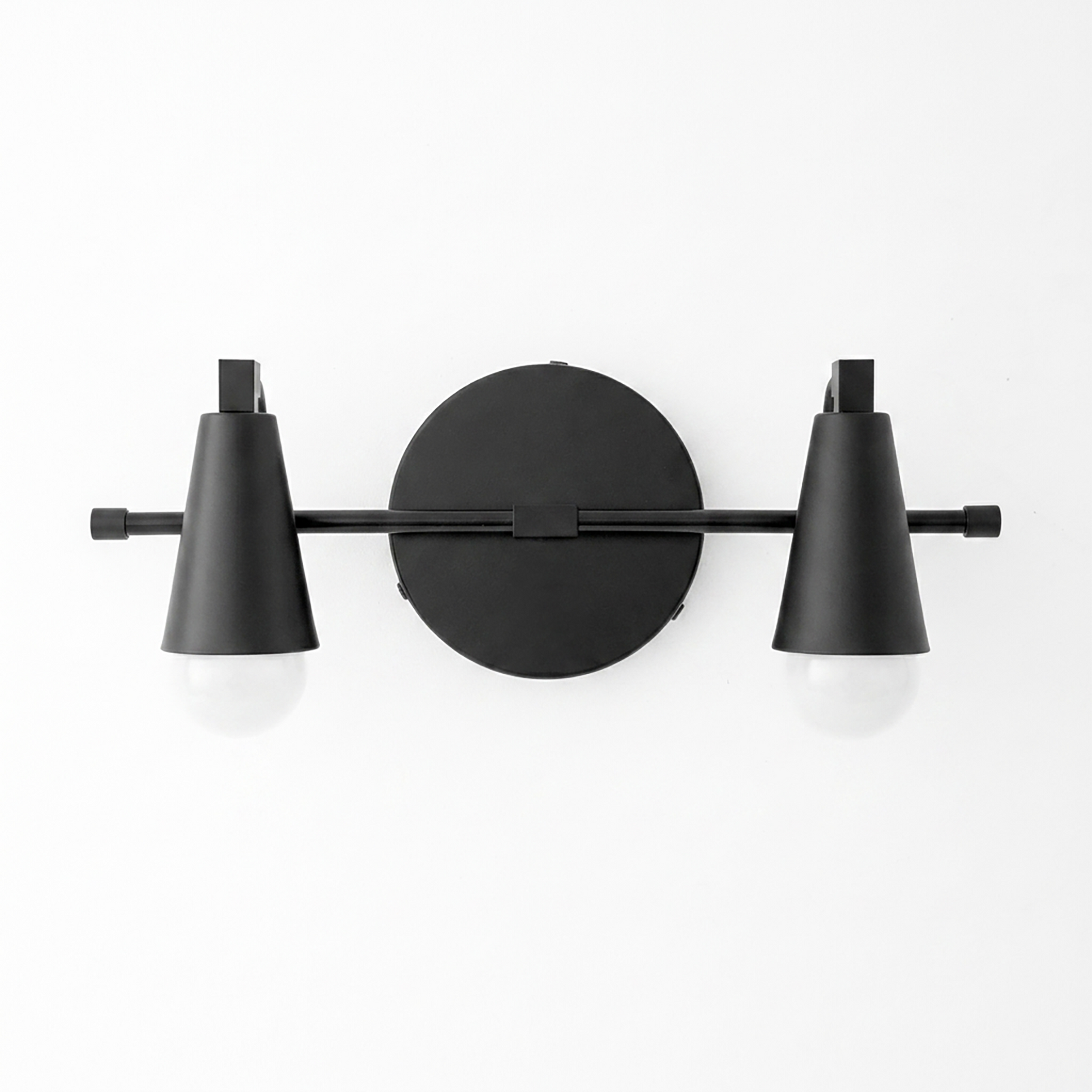 Matte black metal vanity light with two conical shades mounted on a round wall plate. - VANITY LIGHT MODEL NO. 1229