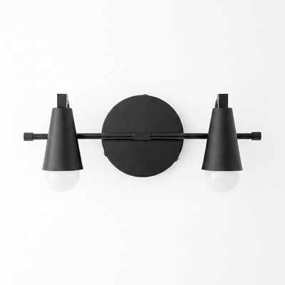 Matte black metal vanity light with two conical shades mounted on a round wall plate. - VANITY LIGHT MODEL NO. 1229