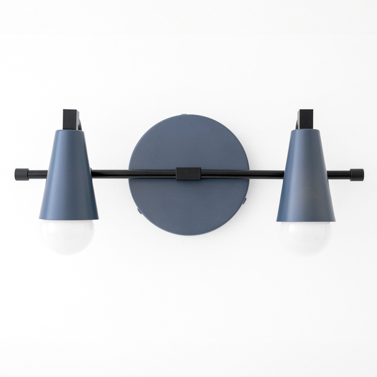Matte black vanity light with two blue metal conical shades and exposed round bulbs. - VANITY LIGHT MODEL NO. 1229