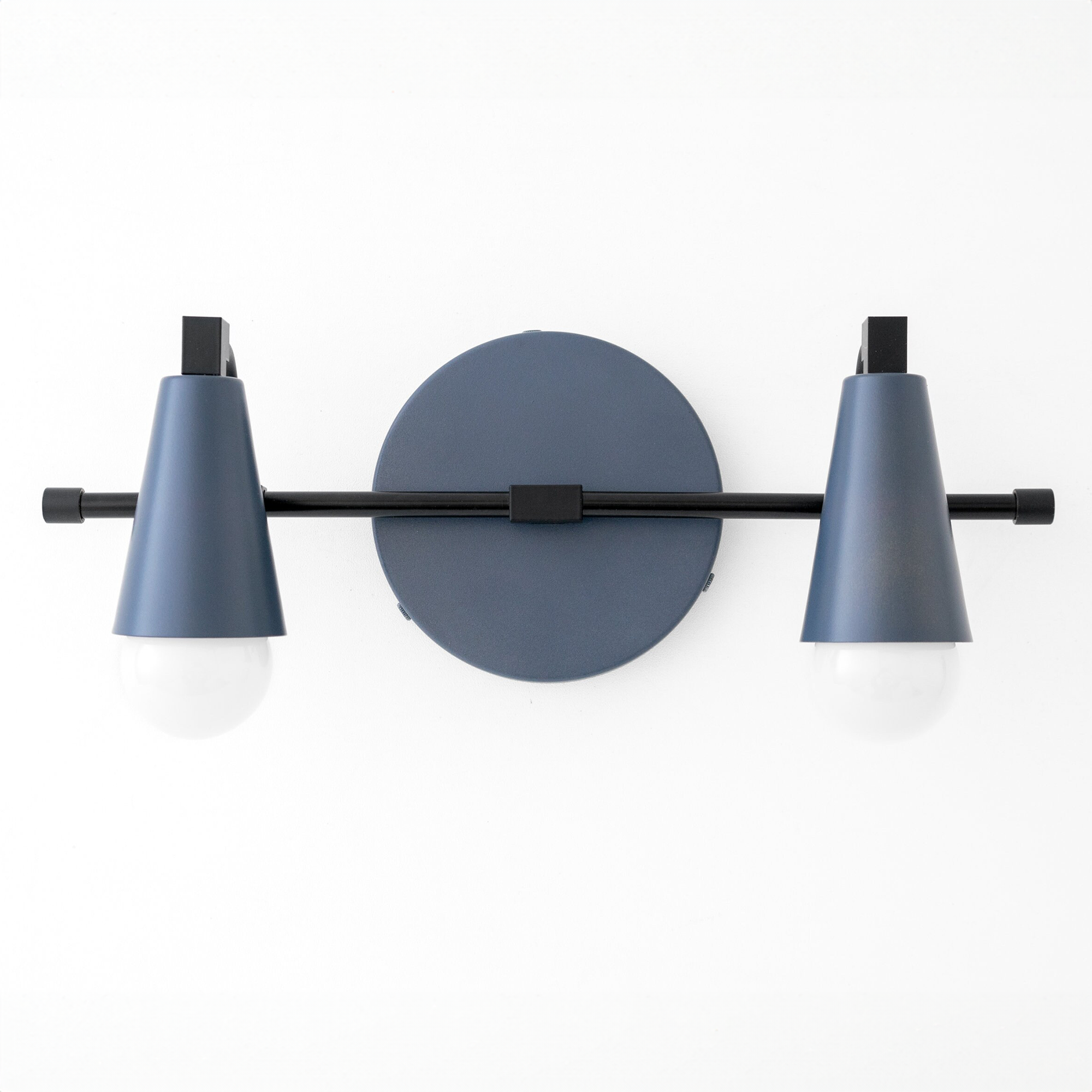 Matte black vanity light with two blue metal conical shades and exposed round bulbs. - VANITY LIGHT MODEL NO. 1229