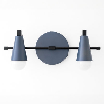 Matte black vanity light with two blue metal conical shades and exposed round bulbs. - VANITY LIGHT MODEL NO. 1229