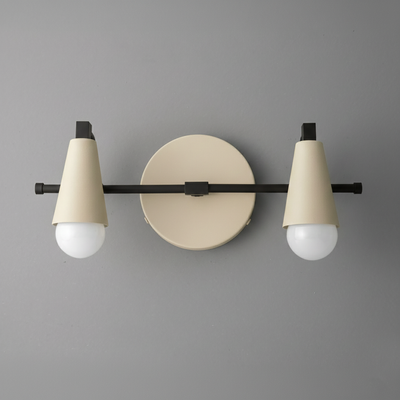 Two-light vanity fixture with black horizontal bar and beige conical shades over round beige wall mount. - VANITY LIGHT MODEL NO. 1229