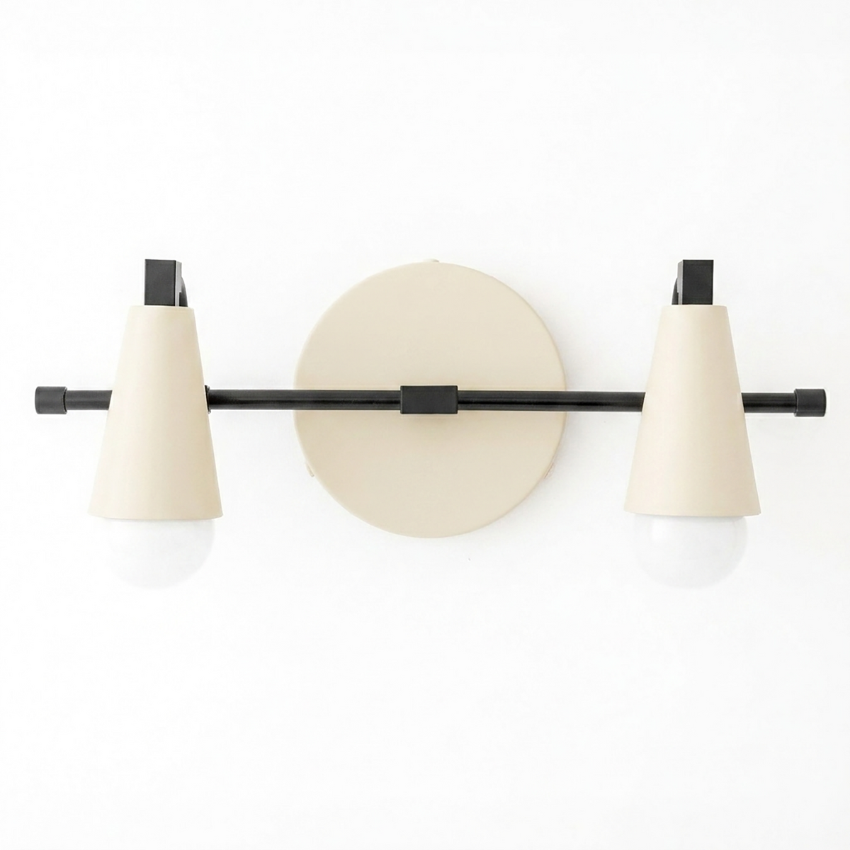 Scandinavian-style 2-bulb vanity light with matte beige conical shades and black metal frame. - VANITY LIGHT MODEL NO. 1229