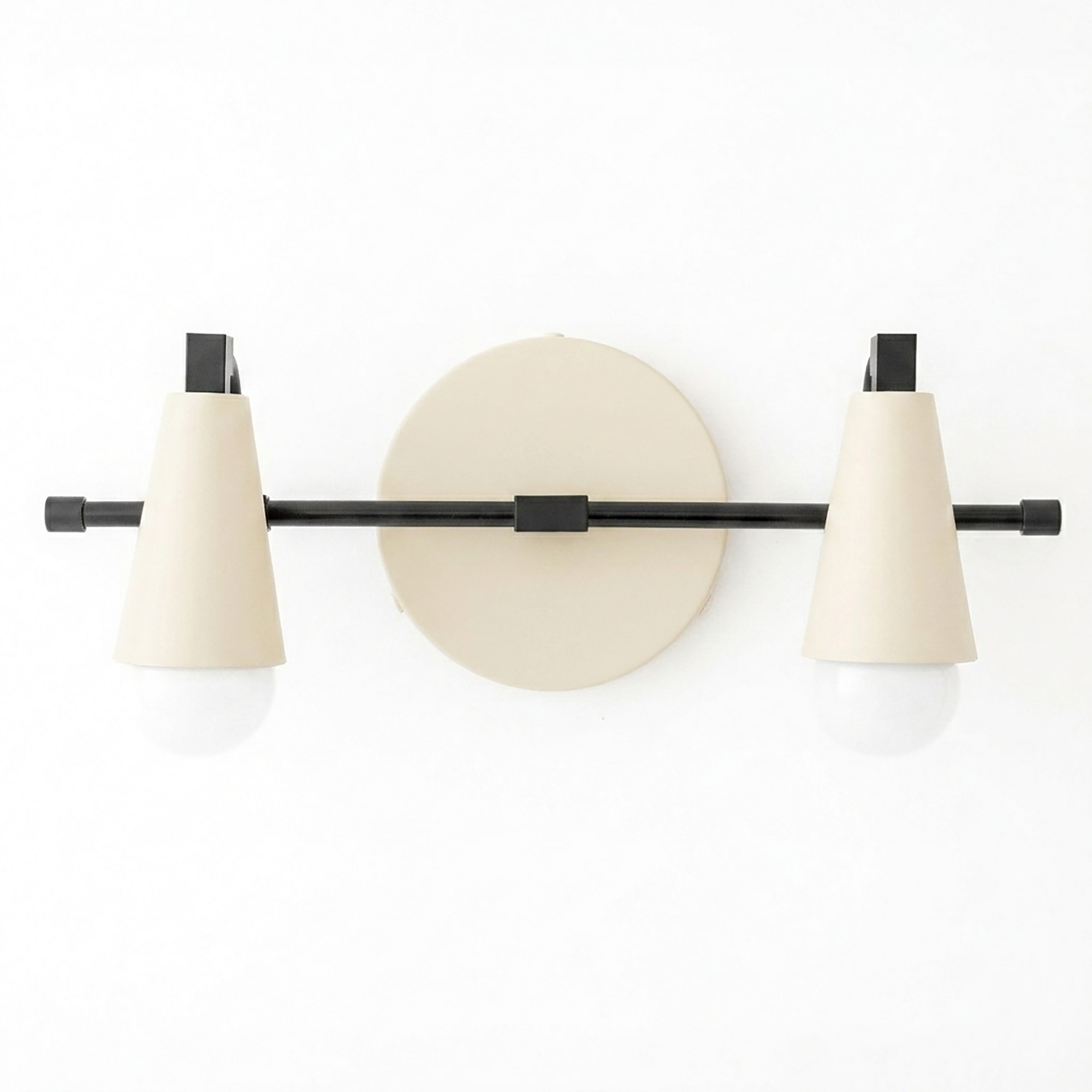 Scandinavian-style 2-bulb vanity light with matte beige conical shades and black metal frame. - VANITY LIGHT MODEL NO. 1229