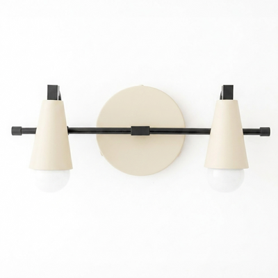 Scandinavian-style 2-bulb vanity light with matte beige conical shades and black metal frame. - VANITY LIGHT MODEL NO. 1229