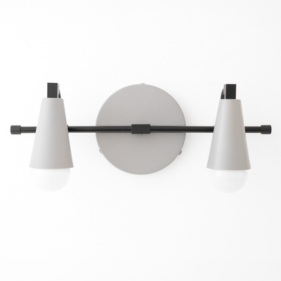Matte black metal vanity light with two conical gray shades and exposed bulbs, Scandinavian design. - VANITY LIGHT MODEL NO. 1229