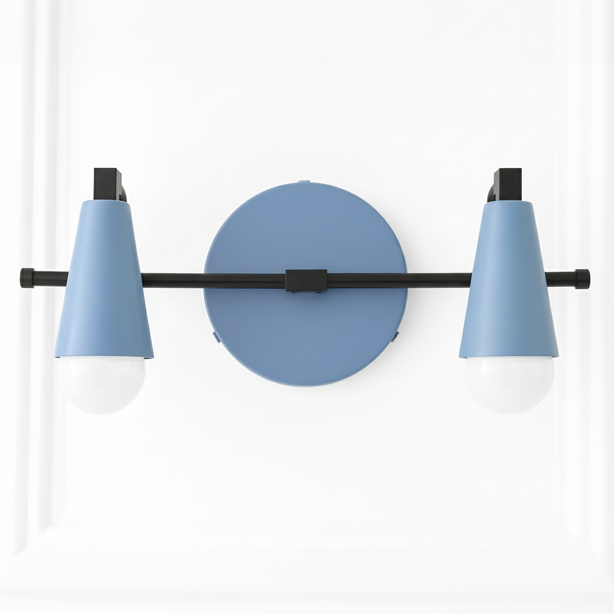 Industrial two-bulb vanity light with matte blue cone shades and black metal frame. - VANITY LIGHT MODEL NO. 1229