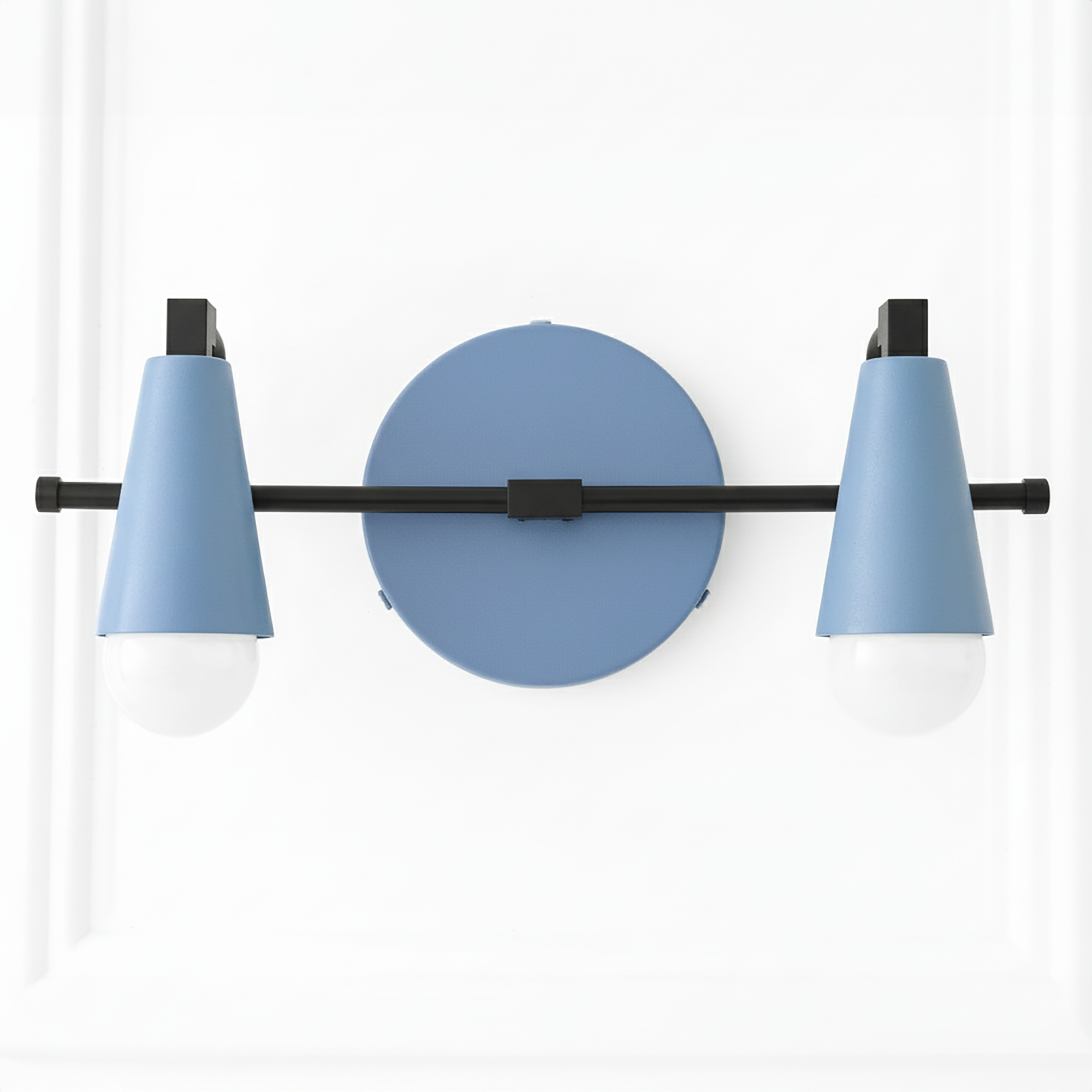Industrial two-bulb vanity light with matte blue cone shades and black metal frame. - VANITY LIGHT MODEL NO. 1229