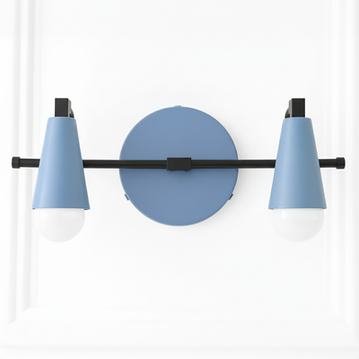 Industrial two-bulb vanity light with matte blue cone shades and black metal frame. - VANITY LIGHT MODEL NO. 1229